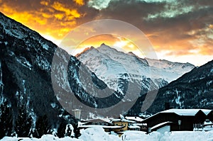 Soelden ski resort in winter at dawn