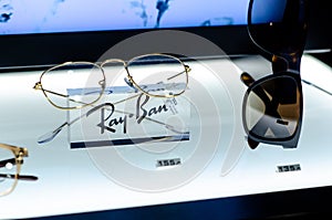 Soest, Germany - August 22, 2021: Ray-Ban glasses in the shop window