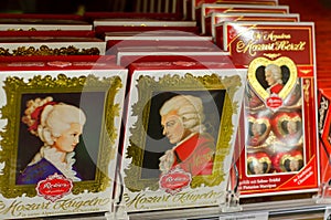 Soest, Germany - January 3, 2018: Boxes with famous Salzburg Mozartkugel for sale in the supermarket