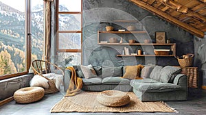 Sofa and armchair against gray wall with rustic shelves. Scandinavian home interior design of modern living room