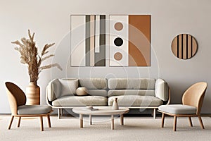 Sofa and barrel chairs against of wall with posters. Japanese style interior design of modern living room. Created with generative