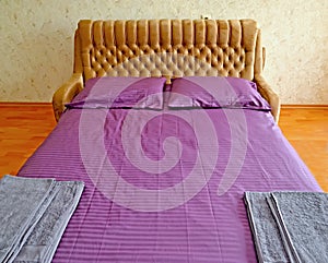 Sofa bed spread out with purple bedding