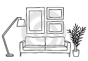 Sofa and blank picture frames, vector mock up