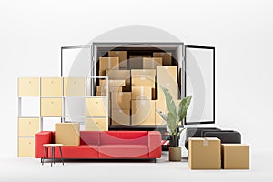 Sofa and boxes near trunk, relocation and moving. Delivery company