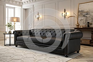 Sofa in classic black interior 3D render