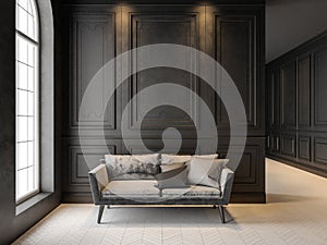 Sofa in classic black interior. 3D render mock up.