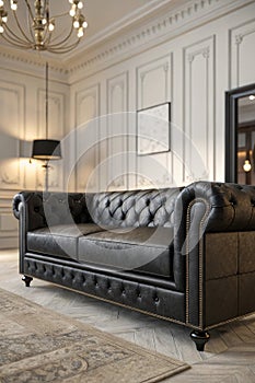 Sofa in classic black interior. 3D render interior mock up photo