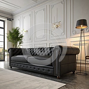 Sofa in classic black interior. 3D render interior mock up photo