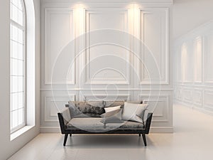 Sofa in classic white interior. 3D render interior mock up.