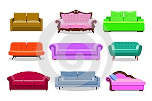 Sofa colored vector set. Comfortable couch collection isolated on white background for interior design. Collection of divan