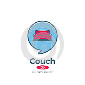 Sofa couch talk logo with comfy living room couch icon inside bubble speak speech fun playful style