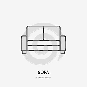 Sofa flat line icon. Apartment furniture sign, vector illustration of living room couch. Thin linear logo for interior