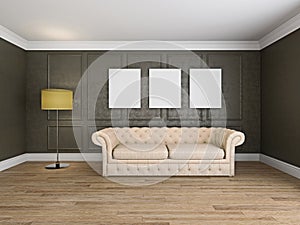 Sofa and frame in the room 3d rendering