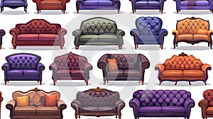 Sofa furniture set made of leather, fabric, quilted upholstery with pillows, interior objects on white background