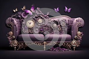 Sofa From Gears Flowers And Butterflies And Pinkviolet. Generative AI