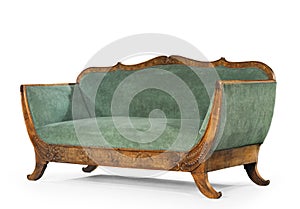 Sofa green upholstered antique retro couch isolated