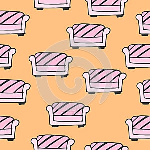 Sofa illustration on orange background. pink color, hand drawn vector. seamless pattern. home design interior. doodle art for wall