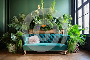 A sofa inbetween lots of plants in a room