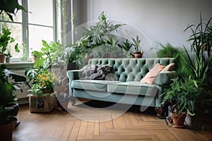 A sofa inbetween lots of plants in a room