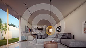 sofa in the living room with circle table and unique lamp 3d illustration