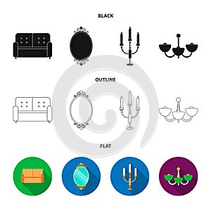Sofa, mirror, candlestick, chandelier.FurnitureFurniture set collection icons in black,flat,outline style vector symbol