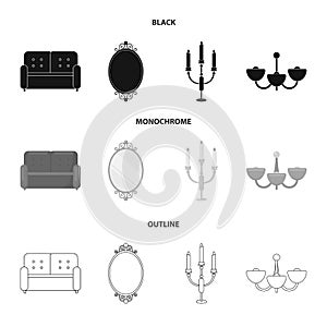 Sofa, mirror, candlestick, chandelier.FurnitureFurniture set collection icons in black,monochrome,outline style vector