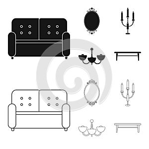 Sofa, mirror, candlestick, chandelier.FurnitureFurniture set collection icons in black,outline style vector symbol stock