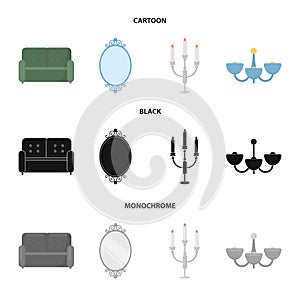 Sofa, mirror, candlestick, chandelier.FurnitureFurniture set collection icons in cartoon,black,monochrome style vector