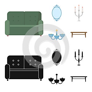 Sofa, mirror, candlestick, chandelier.FurnitureFurniture set collection icons in cartoon,black style vector symbol stock