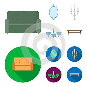 Sofa, mirror, candlestick, chandelier.FurnitureFurniture set collection icons in cartoon,flat style vector symbol stock