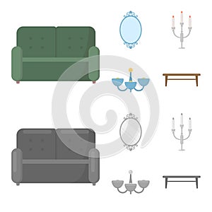 Sofa, mirror, candlestick, chandelier.FurnitureFurniture set collection icons in cartoon,monochrome style vector symbol