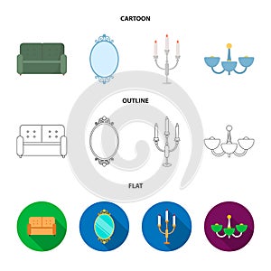 Sofa, mirror, candlestick, chandelier.FurnitureFurniture set collection icons in cartoon,outline,flat style vector