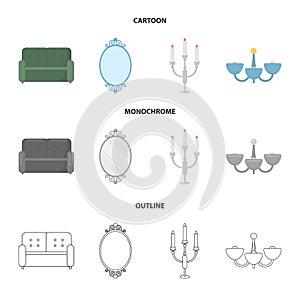 Sofa, mirror, candlestick, chandelier.FurnitureFurniture set collection icons in cartoon,outline,monochrome style vector