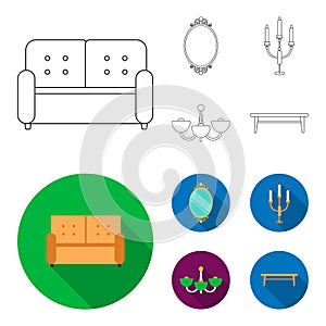 Sofa, mirror, candlestick, chandelier.FurnitureFurniture set collection icons in outline,flat style vector symbol stock