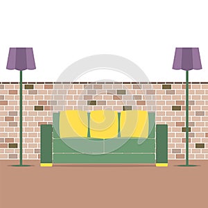 Sofa With Modern Lamp On Brick Background