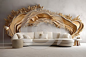 Sofa near beige stucco wall with abstract massive wood root sculpture paneling. Eco interior design of modern living room. Created