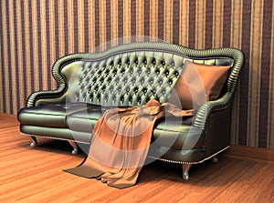 Sofa with pillow and coverlet in interior photo