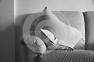 Sofa and pillows in black and white photography