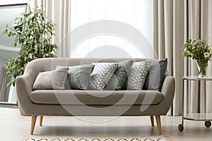 Sofa with pillows in modern living room interior