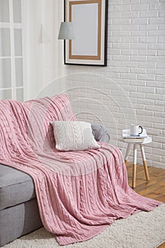 sofa with pink plaid interior near window