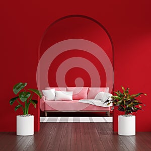 Sofa in red living room with copy space for mock up, 3D rendering