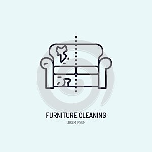 Sofa repair line icon, upholstered furniture dry cleaning logo. Couch flat sign, illustration of dirty home