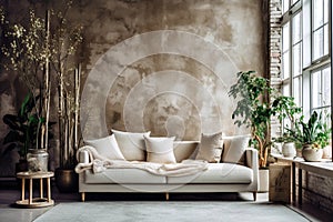 Sofa in room with grunge stucco wall and much grernery. Biophilic interior design of modern living room. Created with generative photo