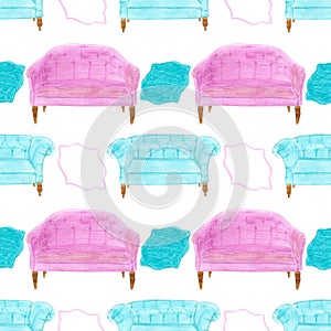 Sofa. Seamless pattern with divan. Hand-drawn