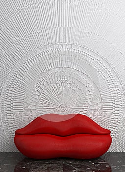 Sofa in the shape of female red lips in the interior of an empty white wall. Creative glamor interior design with copy space. 3D