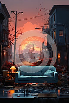 sofa on a street, shabby and cluttered, view of small town at sunset