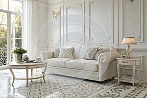 Sofa and table in classic white interior