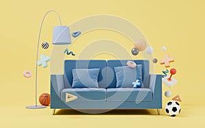 Sofa and toys, recreation and relaxation concept, 3d rendering