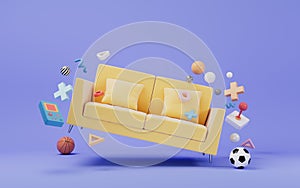 Sofa and toys, recreation and relaxation concept, 3d rendering