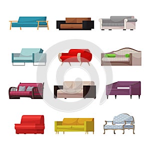 Sofa vector modern furniture couch seat furnished interior design of living-room at apartment home illustration